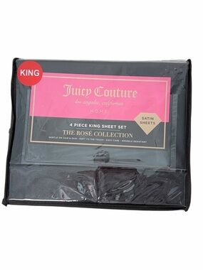 Juicy Couture Rosé Collection King Satin Sheet Set Black 4 Piece Bedding Luxury